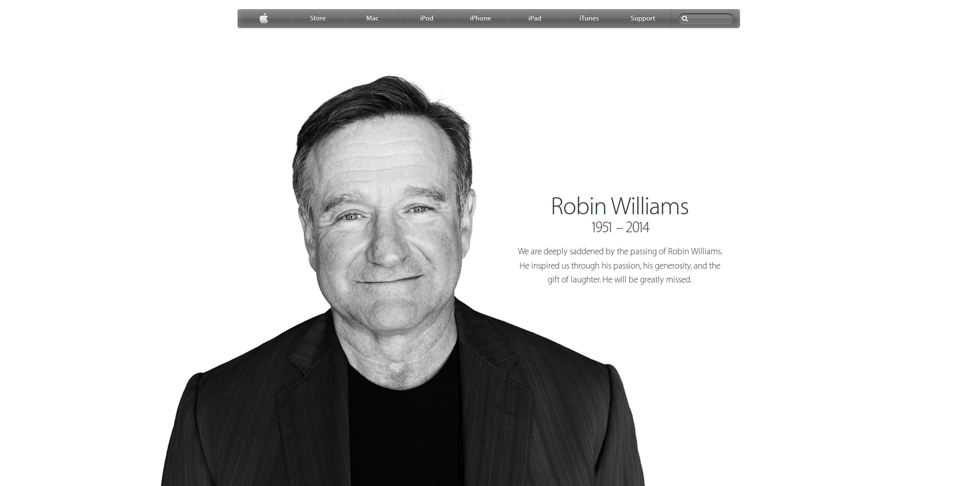 Na hlavní stránce Apple.com je vzpomínka na Robina Williamse
