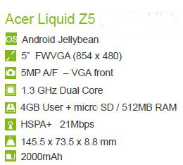 Acer Liquid Z5 spec